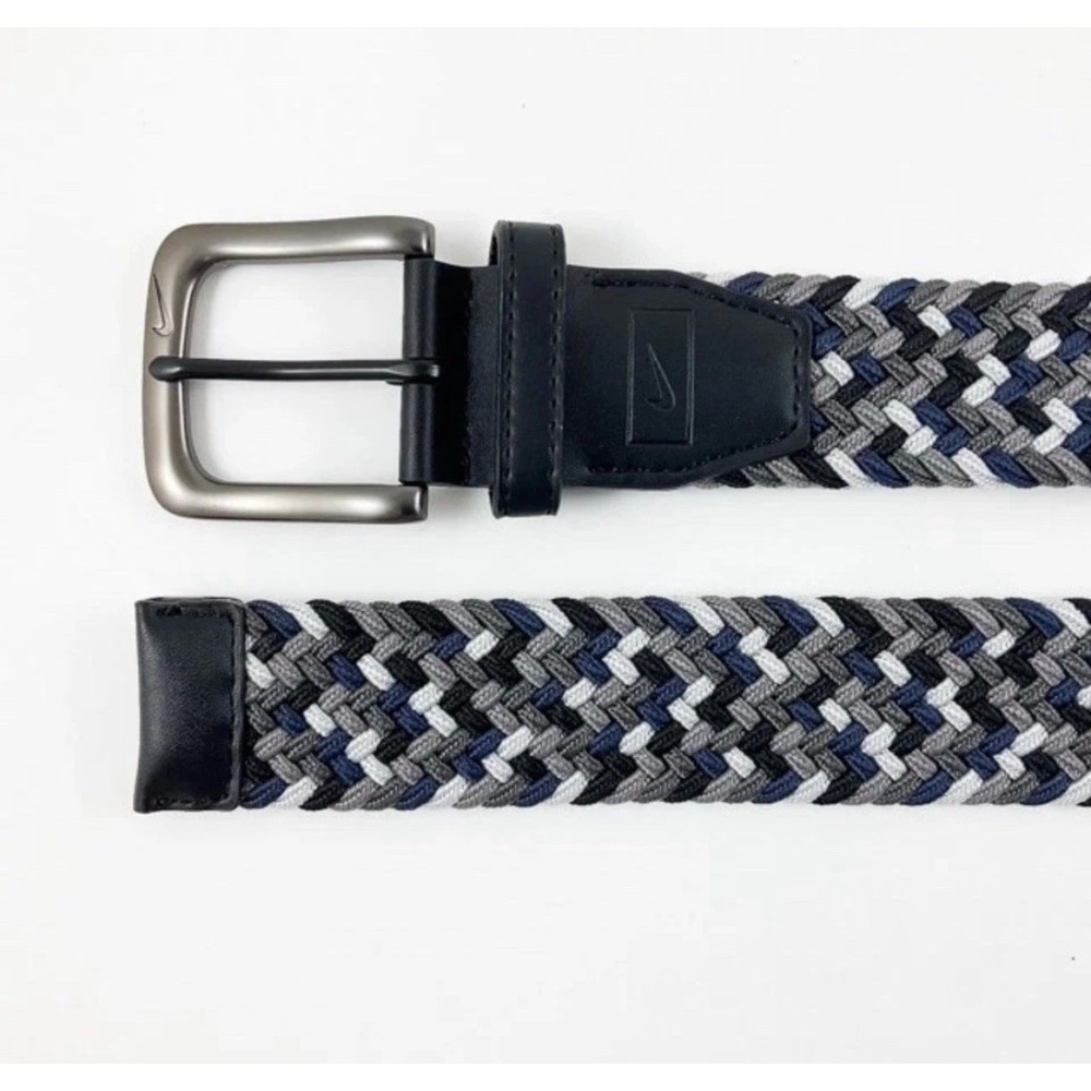 Nike‎ Braided Stretch Belt Men XL 42-44 Grey Navy White Woven Golf Performance - Picture 5 of 8